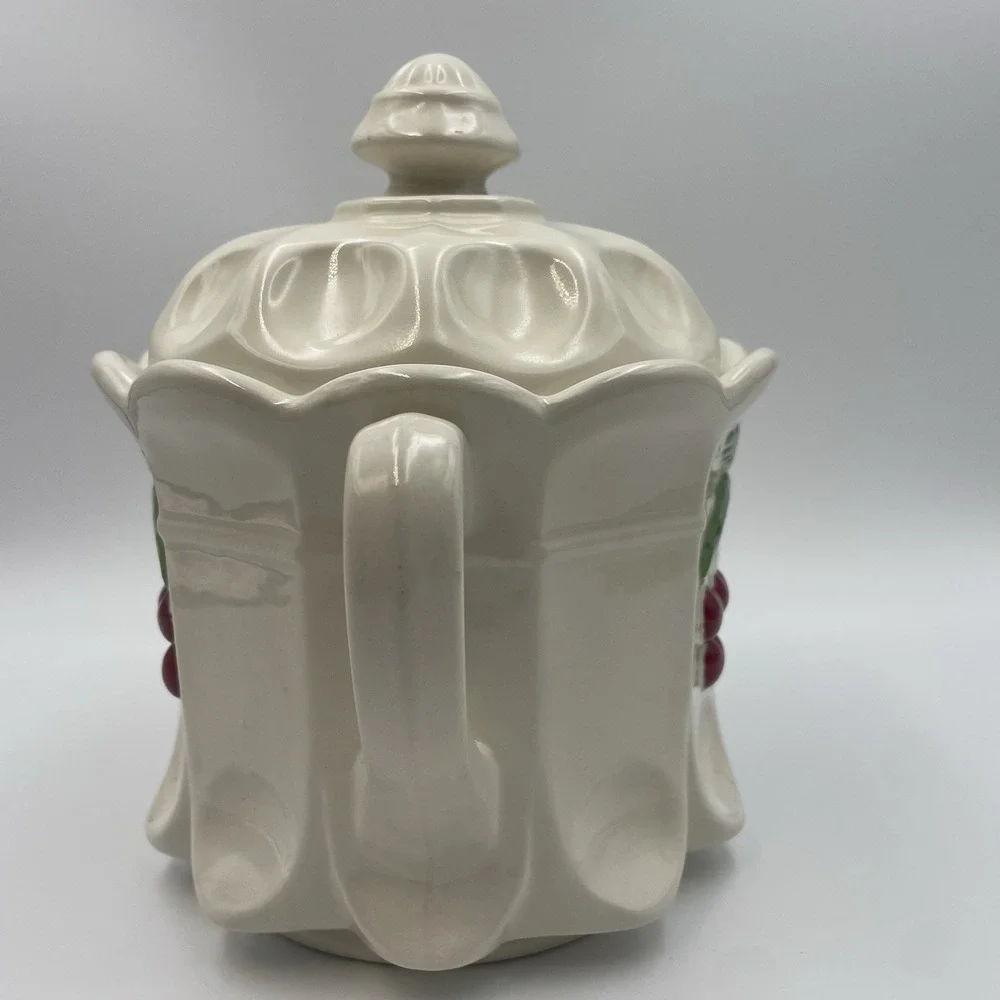 Vintage Hand‎ painted White Ceramic Cookie Jar With Lid -Red Cherries Thumbprint